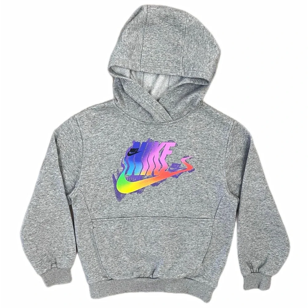 Nike Unisex Kids M Gray Fleece Pullover Hoodie Rainbow Logo Pockets